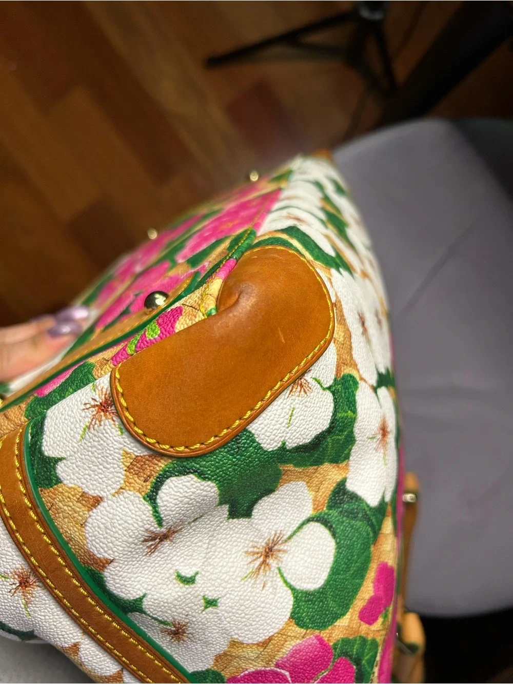 Dooney & Bourke Pink, White & Green Floral Satchel with Tan Trim